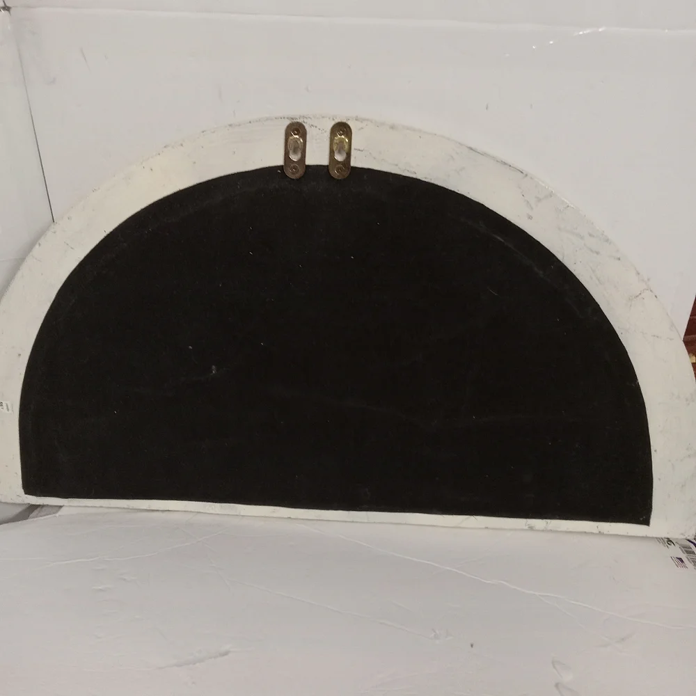 Half Moon Shape Mirror Window Distressed, Beige & Brown Metal Fleur-de-lis
